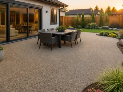 Backyard patio in tan rubber surfacing at dusk