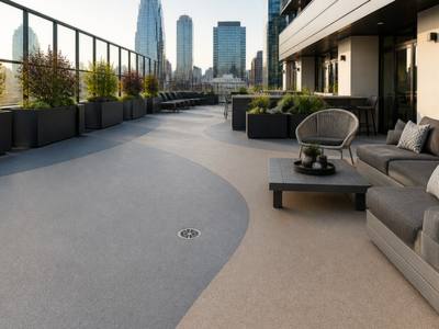 Rooftop lounge finished in grey rubber surfacing