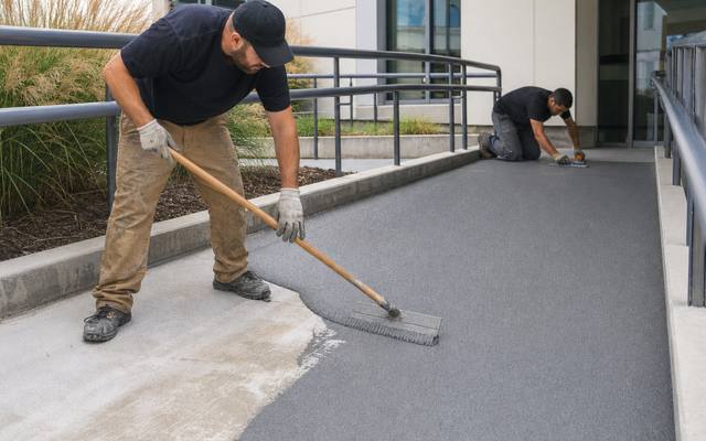 Crew resurfacing a commercial entrance ramp in grey rubber surfacing.