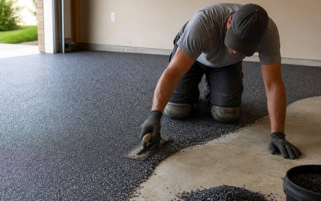Installer spreading charcoal rubber surfacing across a garage floor slab with a trowel.
