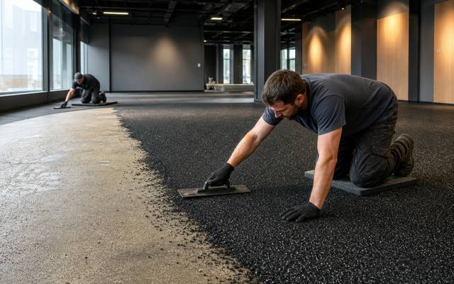 Rubber gym floor being troweled level inside a fitness studio.