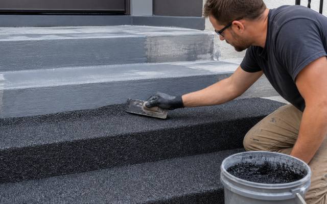 Front steps partway through being resurfaced in grey rubber surfacing.