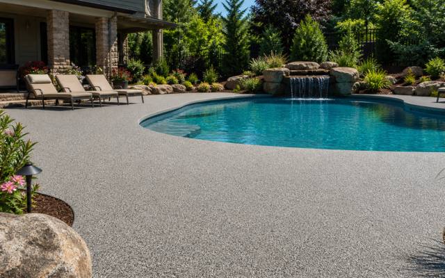 Backyard pool deck in sand-coloured rubber surfacing with a covered patio behind it.