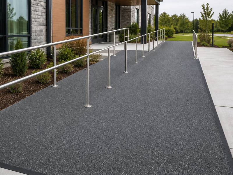 Accessible entrance ramp with steel handrails finished in grey rubber surfacing.